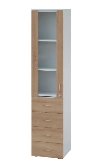 LE - 44 skříň léková prosklená, levá, korpus bílý, dvířka dub bardolino